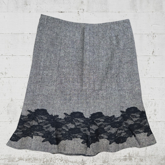 90s Vintage Gray Lace Trumpet Tulip Andrea Viccaro Wool Blend Midi Skirt Size 6 - Picture 1 of 7